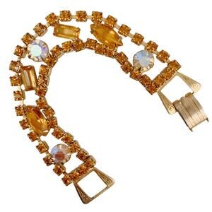 Prong Set Amber Color Vintage Bracelet with Baguette & Navette AB Rhinestones